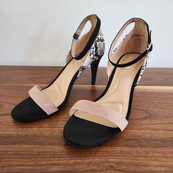 Lane Bryant Shoes - Lane Bryant Black Snake Print High Heel Ankle Strap Sandal Vegan Faux Suede 10W